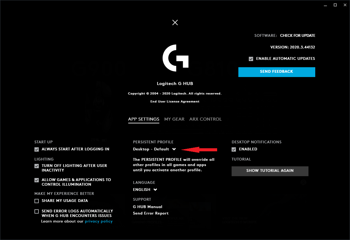 Setting the desktop profile as the persistent one in GHUB