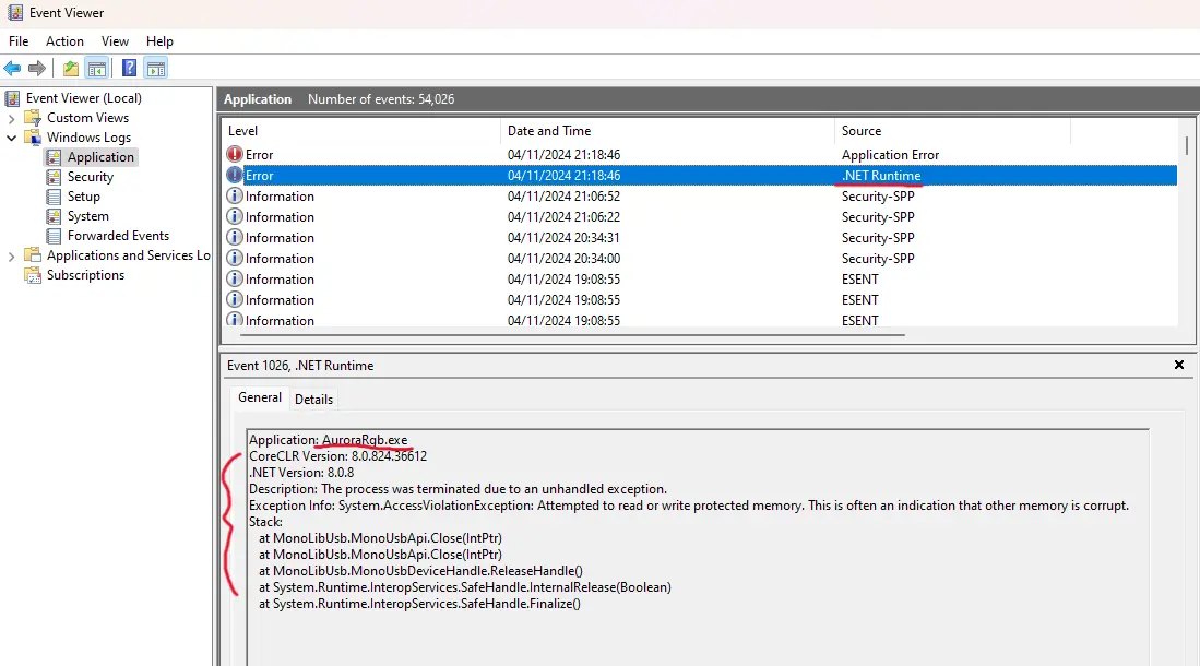 SCreenshot showing Aurora&rsquo;s crash log on EventViewer